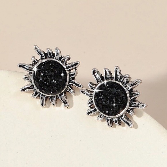 Any 2/$20! Silver Black Druzy Sun Stud Earrings - Picture 2 of 6